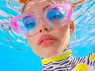 Naklejka premium A futuristic underwater fashion shoot featuring oversized pink glasses and zebra print outfit. The bright and colorful editorial captures bold makeup and a stylish aquatic concept.