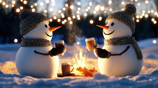 A cozy winter scene where snowmen are sitting by the fire with hot chocolate, discussing their favorite snowball fights from years past