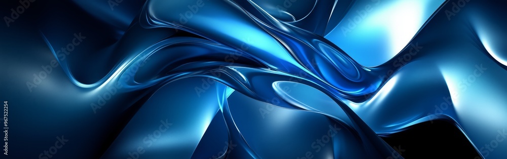 Poster abstract blue background with wavy shapes and fluid lines. the design features glossy, metallic text
