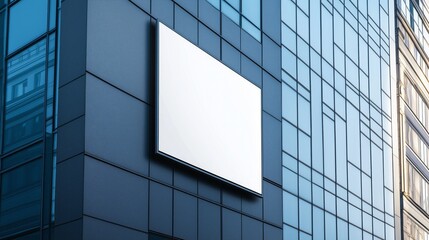 Blank white square sign on a modern office building wall, a a mockup template for a design presentation.