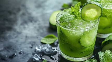 Fototapeta premium A bright green cucumber and mint cooler, served in a glass with a cucumber slice on the