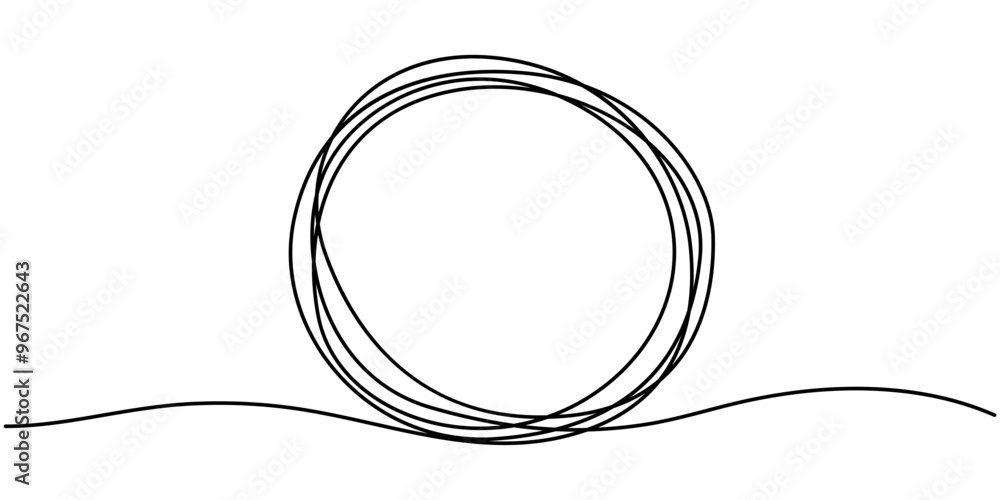 Poster continuous one line drawing of scribble black circle. round frame sketch outline on white background
