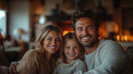 Obraz premium Happy family, father, mother and child, sitting together in a cozy home with a fireplace.