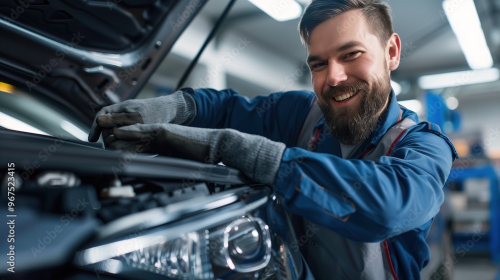Poster a mechanic works diligently on a car engine, smiling as he inspects and repairs various components. 