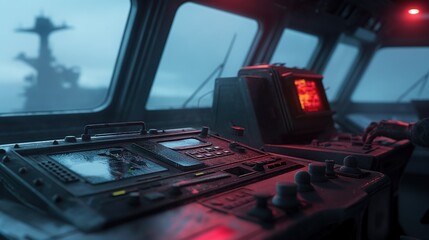 In a dimly lit control room aboard a naval ship, various instruments and screens flicker to life as dawn breaks outside, casting an ambient glow through the windows