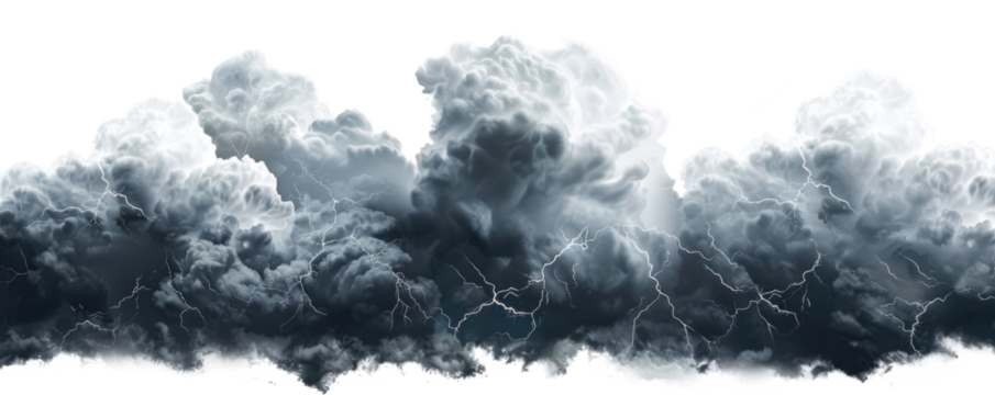 dark thunderstorm clouds with lightnings isolated on white or transparent png