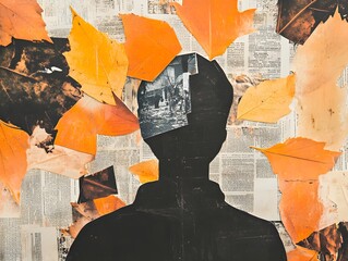 Fototapeta premium Silhouette of a person with fall leaves and a vintage photo in their head on a background of newspaper print.