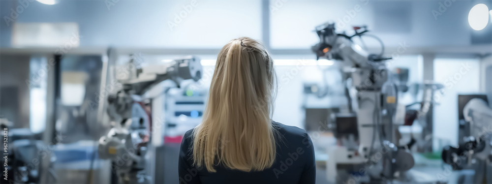 Poster a female engineer stands in a modern robotics laboratory, observing robotic arms and machinery in ac