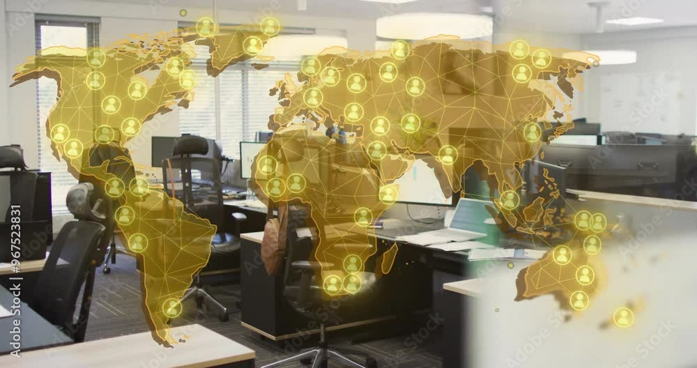 Poster animation of world map with people icons and digital data processing over office