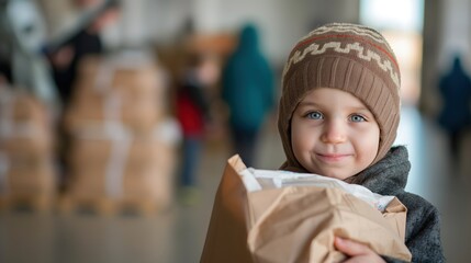Migrant mother and child waiting in line at a food bank, expressions of patience and need, sense of community support and struggle, indoor setting with volunteers distributing supplies