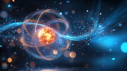 Obraz premium An artistic representation of the atomic model with glowing particles and swirling energy