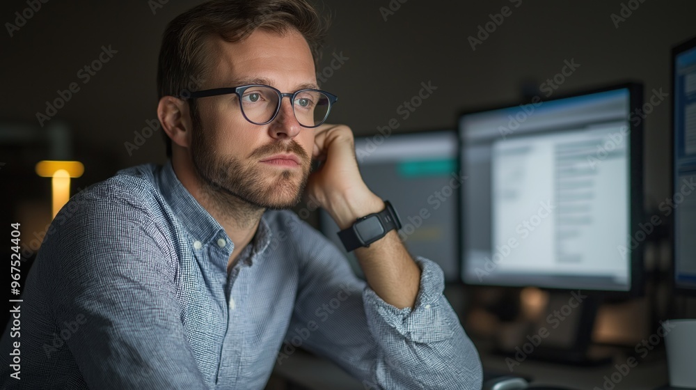Poster a man with glasses sits at a desk in a dimly lit office, deep in thought while looking at multiple c
