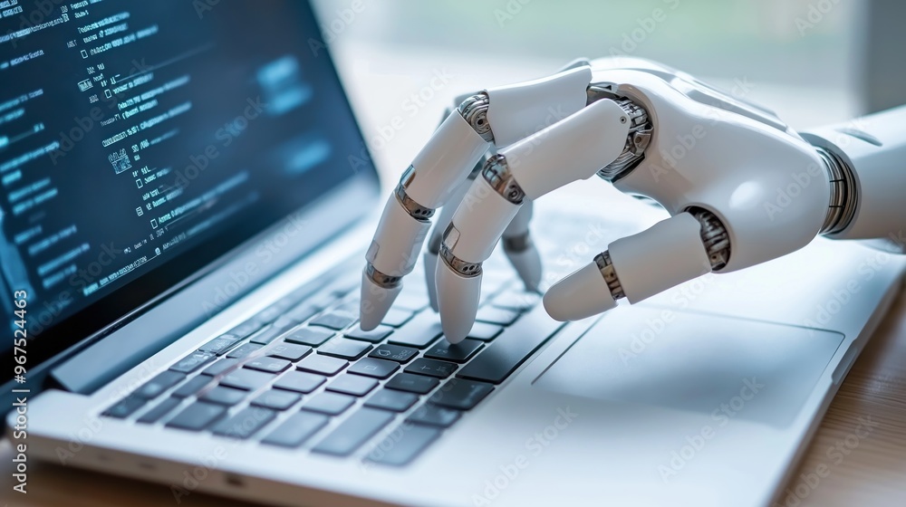 Poster a robotic hand, with intricate design, engages with a laptop keyboard, highlighting the integration 