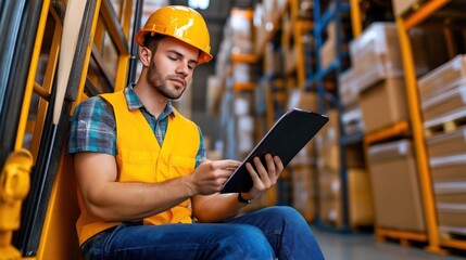 A diligent warehouse worker wearing a hard hat and safety vest sits against a forklift, focused on managing inventory using a tablet, surrounded by shelves filled with packages