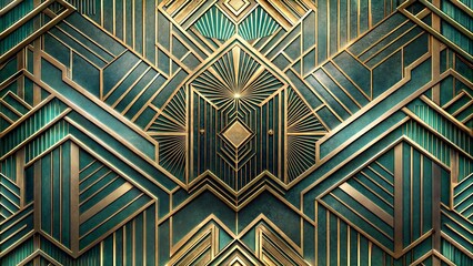 Art Deco style geometric pattern with gold and turquoise accents on textured background