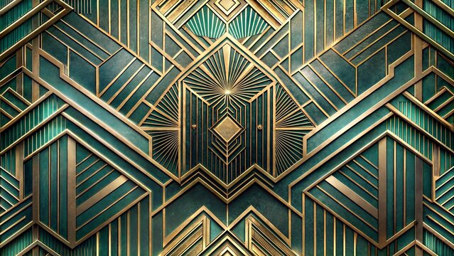 Art Deco style geometric pattern with gold and turquoise accents on textured background