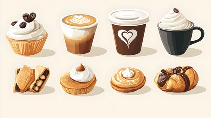 Delightful Cafe Delicacies  Cappuccinos  Lattes  and Exquisite Pastries in a Flat Design