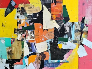 Abstract collage of torn paper scraps in various colors and textures, creating a chaotic and layered composition.