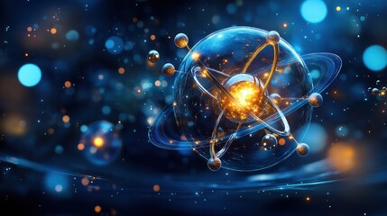 Molecular formation in space, atoms glowing as they come together to form a new element