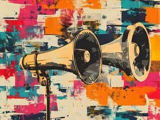 A vintage-style megaphone with a colorful abstract background.