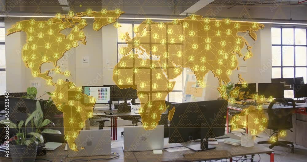 Poster animation of world map with people icons and digital data processing over office