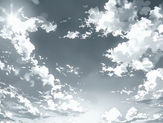 A dramatic view of a cloudy sky with patches of sunlight breaking through the overcast clouds.