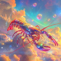 Surreal painting of a lobster flying through a vibrant sky.