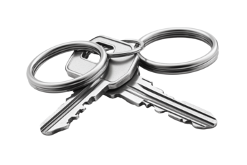A high-resolution close-up image of two metal keys connected by keyrings
