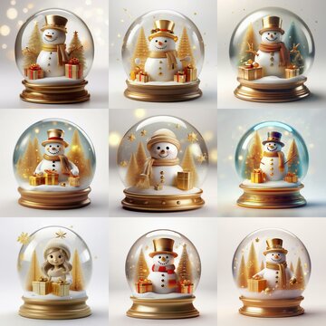 Nine gold-trimmed snow globes with snowmen, trees, and gifts inside.