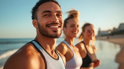 A group of athletes on a beach enjoying an early morning workout. The image features a man and women engaged in various fitness exercises, emphasizing the benefits of outdoor physical activity.