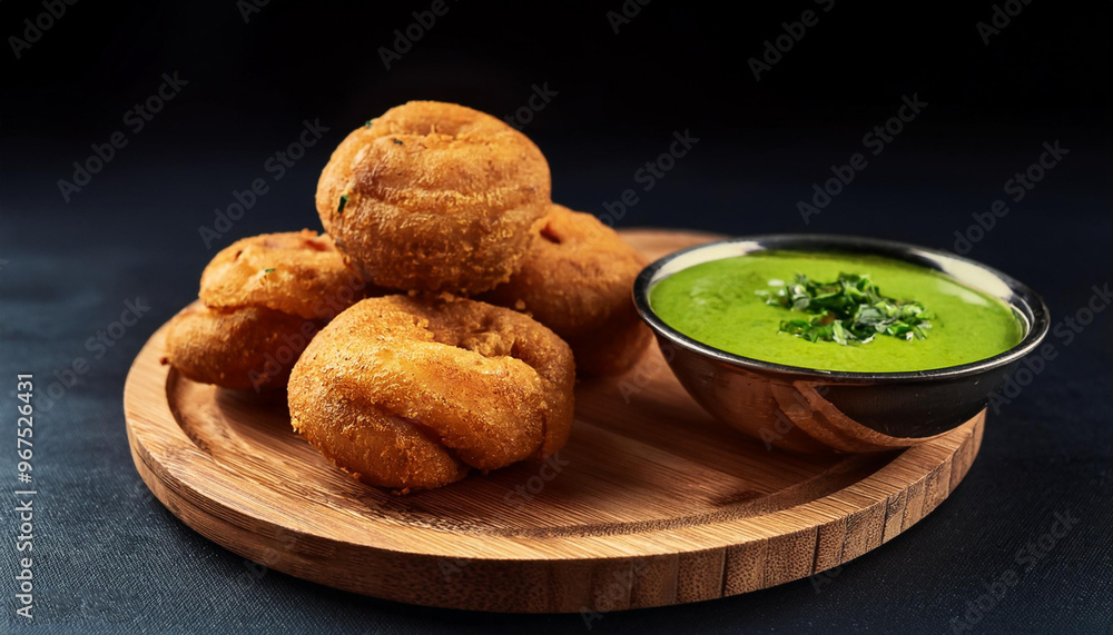 Wall mural Crispy Vada with green chatni on wooden board 