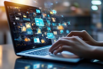 Hands Typing on a Laptop with Data Visualization