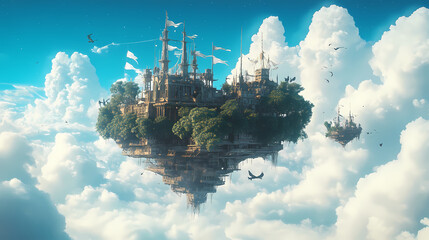 Fototapeta premium A fantasy-inspired floating island with a modern twist, overlooking a scenic blue sky and clouds background - generative ai. Floating Ship. Illustration
