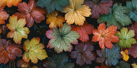 Fototapeta premium A close up of many leaves of different colors, including red, yellow, and green. The leaves are wet and appear to be from a plant that is still alive. Concept of freshness and vitality