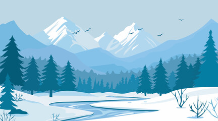Vector illustrations of nature, winter natural landscape, mountains, trees, river, fields for background or banner. Cold color, cute cartoon style