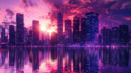 Fototapeta premium A city skyline at dusk, with the setting sun reflecting off the glass buildings and painting