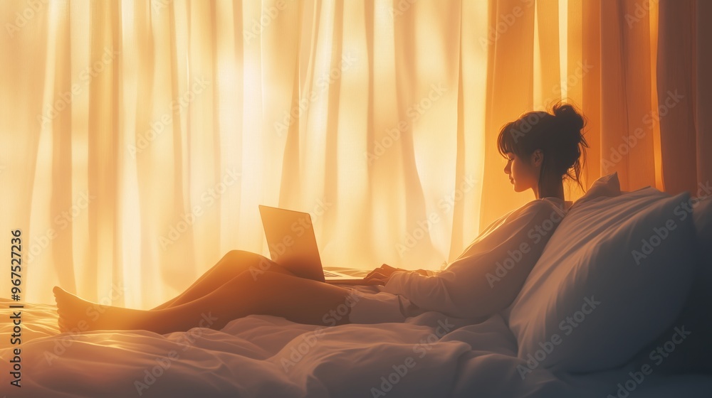 Poster woman using a laptop while sitting on a bed with soft lighting filtering through sheer curtains in t
