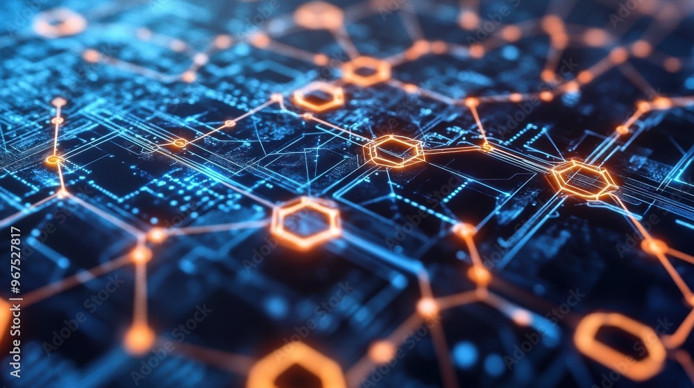 Poster a close-up of a blockchain network connecting various cryptocurrencies,