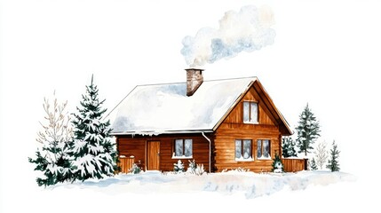 A cozy wooden house surrounded by snow-covered trees, capturing the essence of a peaceful winter landscape.