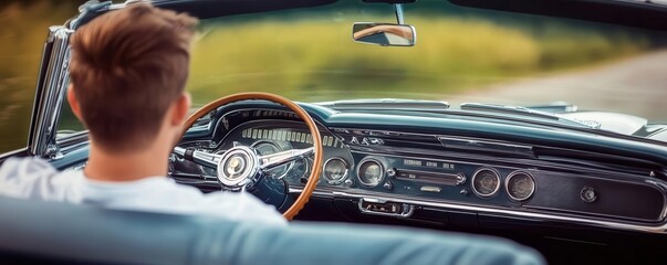 Captivating view from the backseat of a vintage car, showcasing a stylish interior and a relaxed driver enjoying the drive.