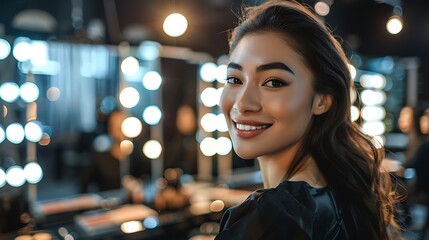 Portrait of a Makeup Artist in a Blurred Backstage Background, Portrait Shot, Makeup Artist, Backstage Background