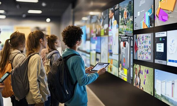 Students Admiring Digital Wall Displays