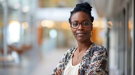 Portrait of a Social Worker in a Blurred Community Center Background, Portrait Shot, Social Worker, Community Center Background