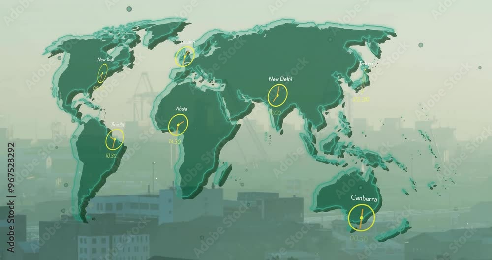Poster animation of data processing and world map over cityscape