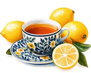 A vibrant tea cup with lemon slices and fresh lemons, perfect for a refreshing drink. Capture the essence of warmth and flavor.
