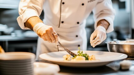A close-up of a French chef preparing a gourmet dish in a Michelin-starred restaurant.