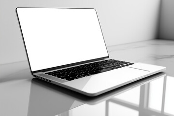 Fototapeta premium A sleek, modern laptop with a black screen sits on a reflective, minimalist white surface.