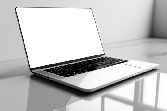 A sleek, modern laptop with a black screen sits on a reflective, minimalist white surface.