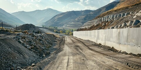 Construction of a concrete retaining wall along a mountain slope to mitigate soil and rock slides onto the road