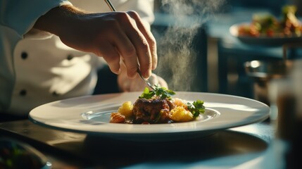 A close-up of a French chef preparing a gourmet dish in a Michelin-starred restaurant.